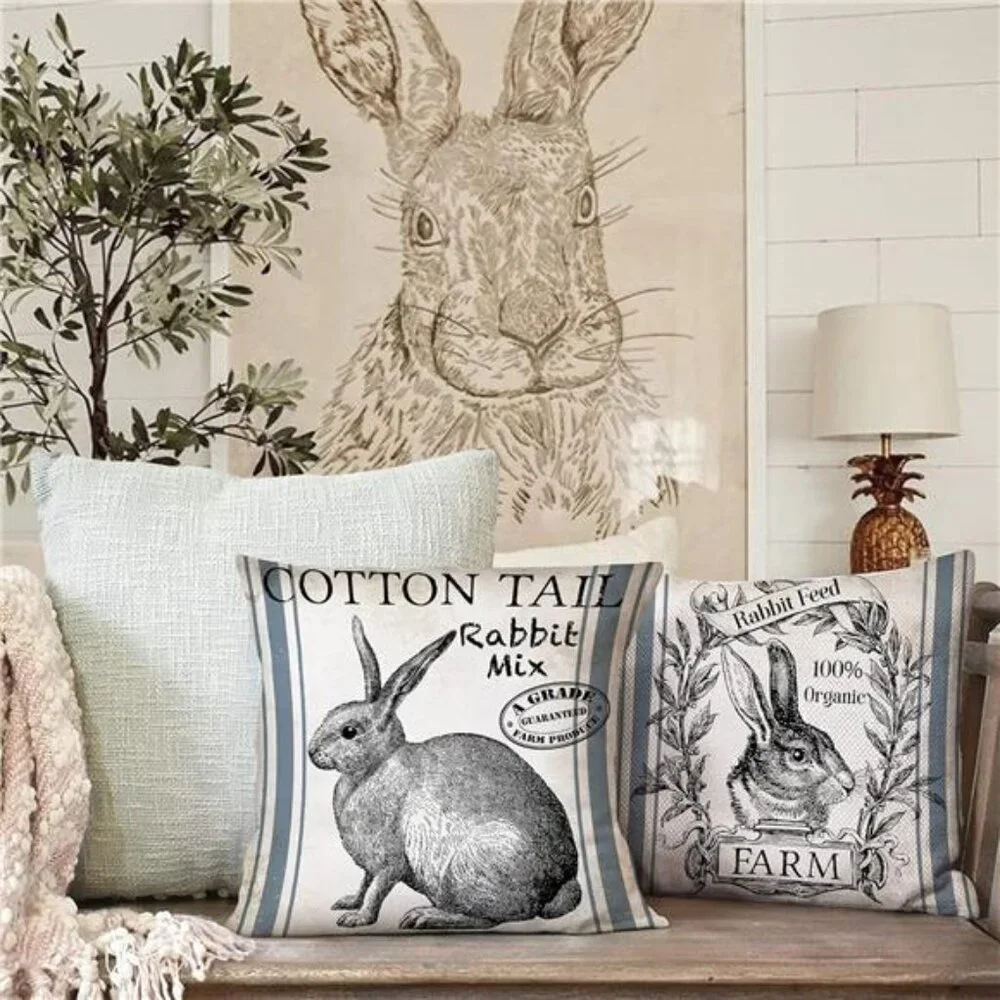 Vintage Farmhouse Bunny Throw Pillow Covers Retro Farm Rabbit Feed Home Décor